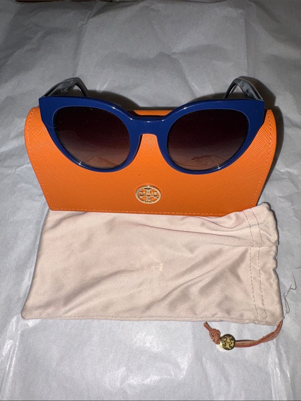 Tory Burch Blue Frame Sunglasses with Orange Case